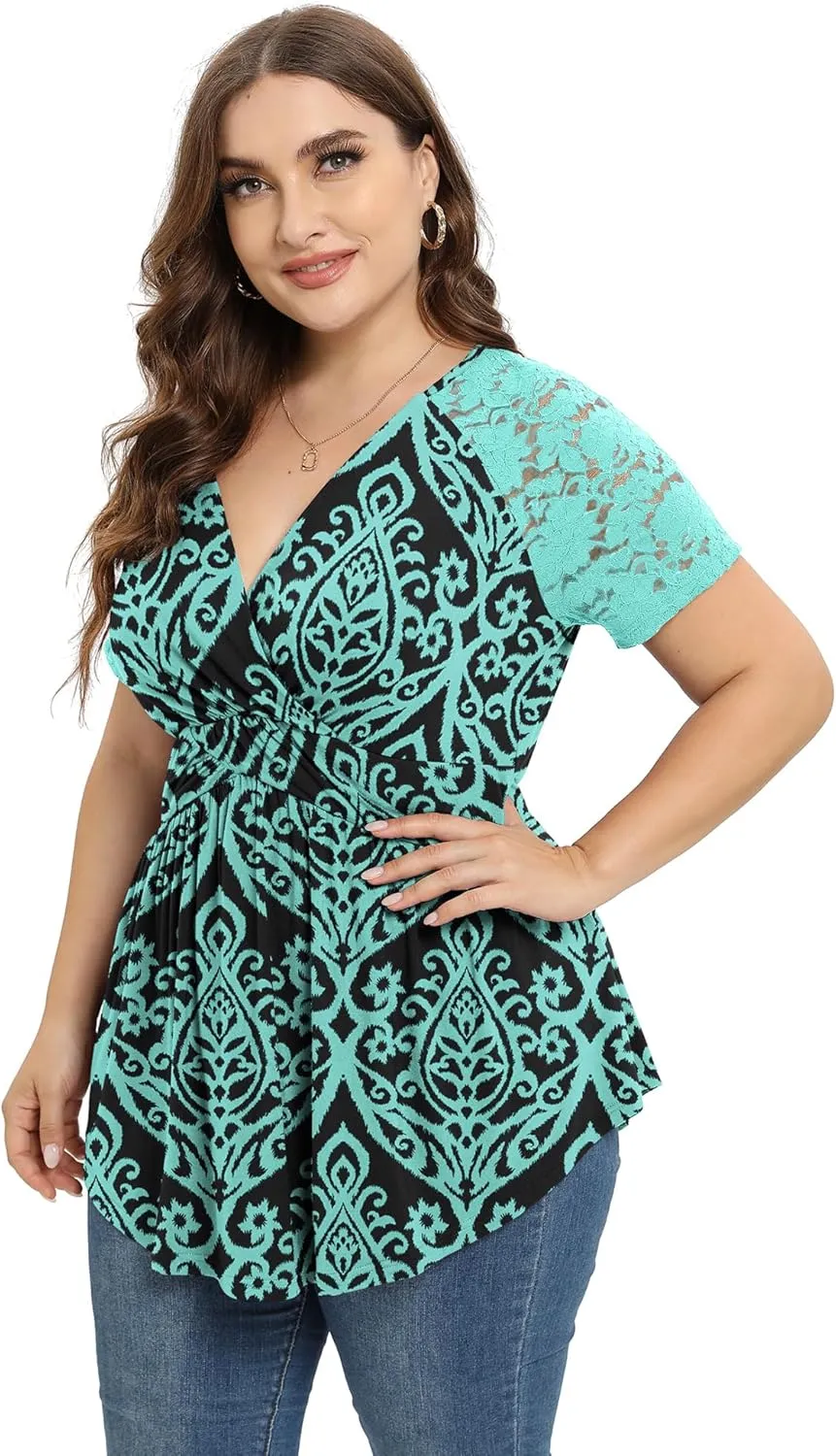 TIANZHU Women Plus Size Top Short Sleeve Wrap Lace Dressy Shirt Sexy Low Cut Babydoll Blouses