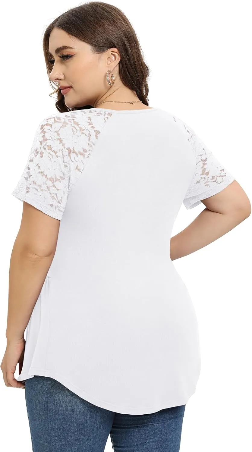 TIANZHU Women Plus Size Top Short Sleeve Wrap Lace Dressy Shirt Sexy Low Cut Babydoll Blouses