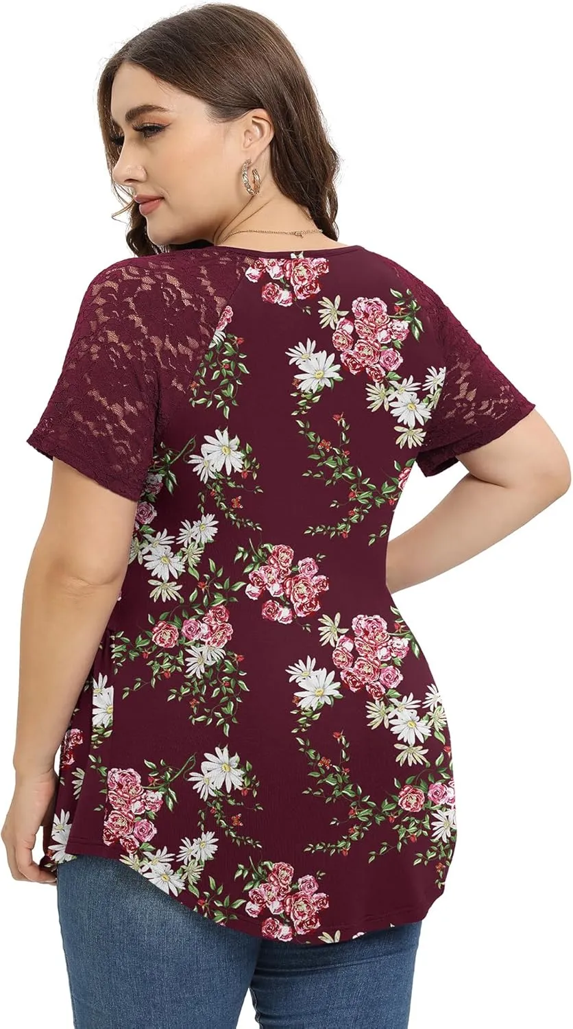 TIANZHU Women Plus Size Top Short Sleeve Wrap Lace Dressy Shirt Sexy Low Cut Babydoll Blouses