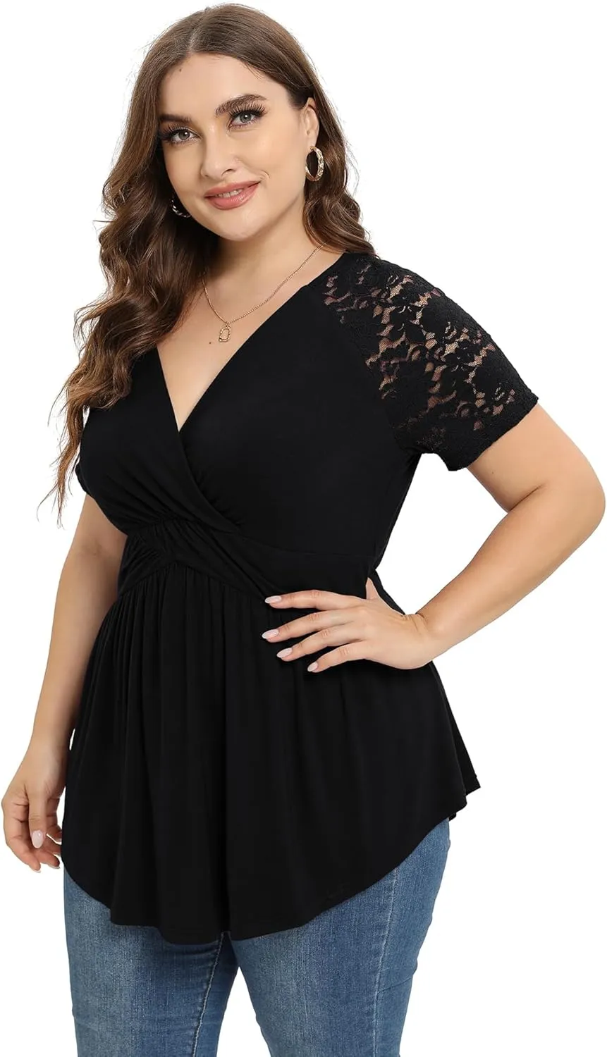 TIANZHU Women Plus Size Top Short Sleeve Wrap Lace Dressy Shirt Sexy Low Cut Babydoll Blouses