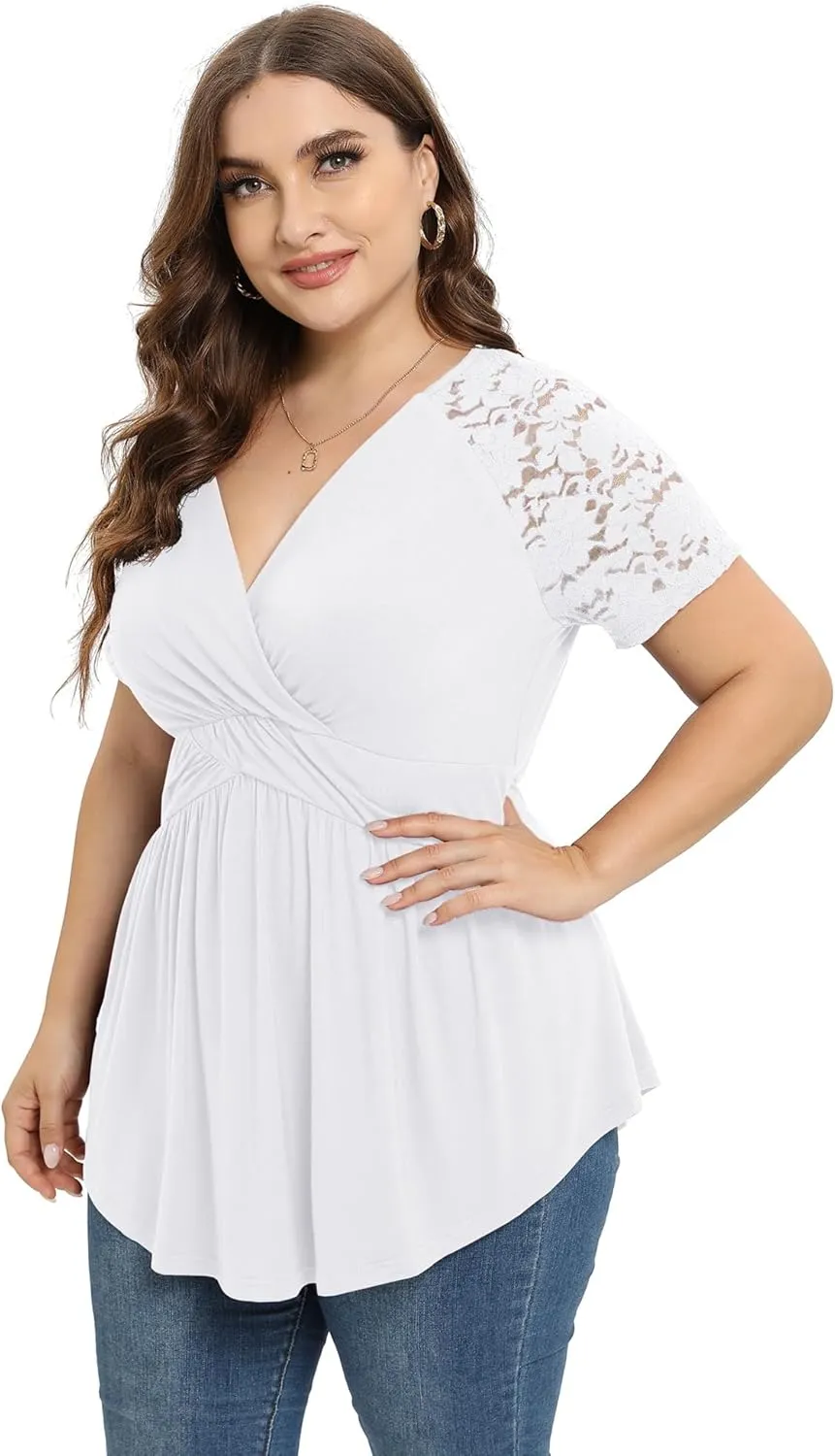 TIANZHU Women Plus Size Top Short Sleeve Wrap Lace Dressy Shirt Sexy Low Cut Babydoll Blouses