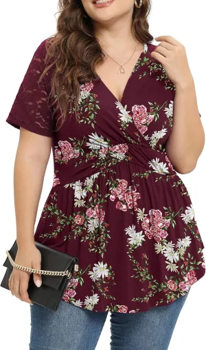 TIANZHU Women Plus Size Top Short Sleeve Wrap Lace Dressy Shirt Sexy Low Cut Babydoll Blouses