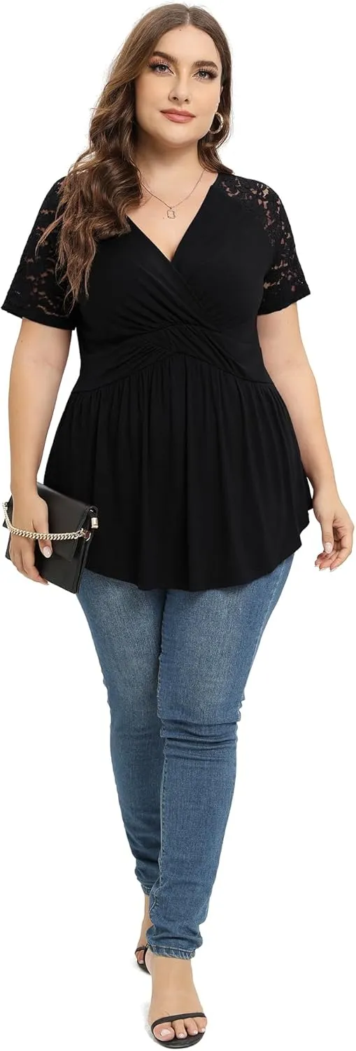 TIANZHU Women Plus Size Top Short Sleeve Wrap Lace Dressy Shirt Sexy Low Cut Babydoll Blouses