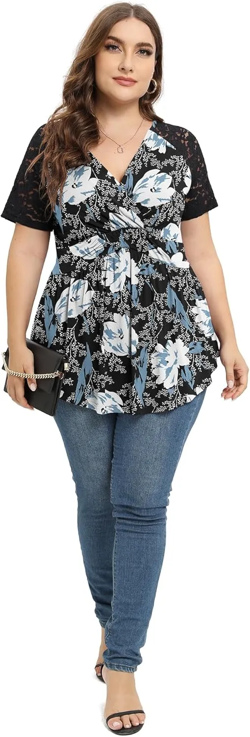TIANZHU Women Plus Size Top Short Sleeve Wrap Lace Dressy Shirt Sexy Low Cut Babydoll Blouses