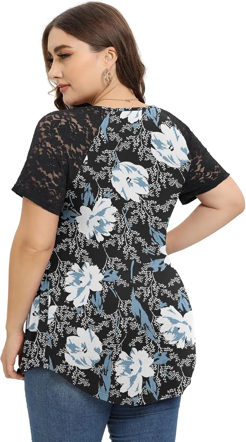 TIANZHU Women Plus Size Top Short Sleeve Wrap Lace Dressy Shirt Sexy Low Cut Babydoll Blouses