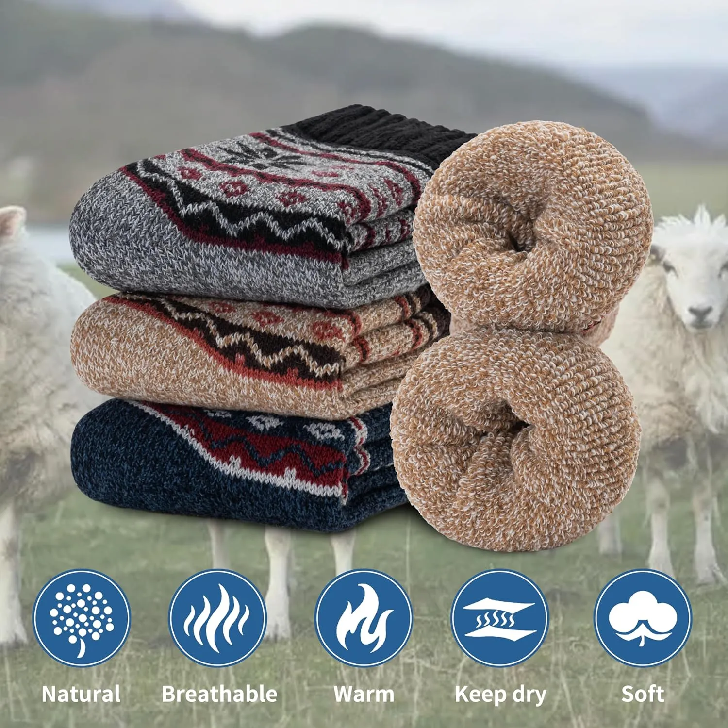 Time May Tell Womens Merino Wool Thermal Socks Warm Cushioned Boot Socks for Winter, Hiking & Outdoor Activities 3 Pack