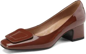 TinaCus Square Toe Glossy Patent Leather Handmade Low Chunky Heels Women's Casual Loafers Shoes