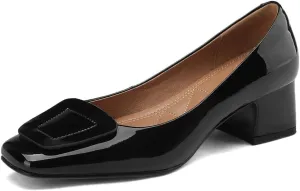 TinaCus Square Toe Glossy Patent Leather Handmade Low Chunky Heels Women's Casual Loafers Shoes