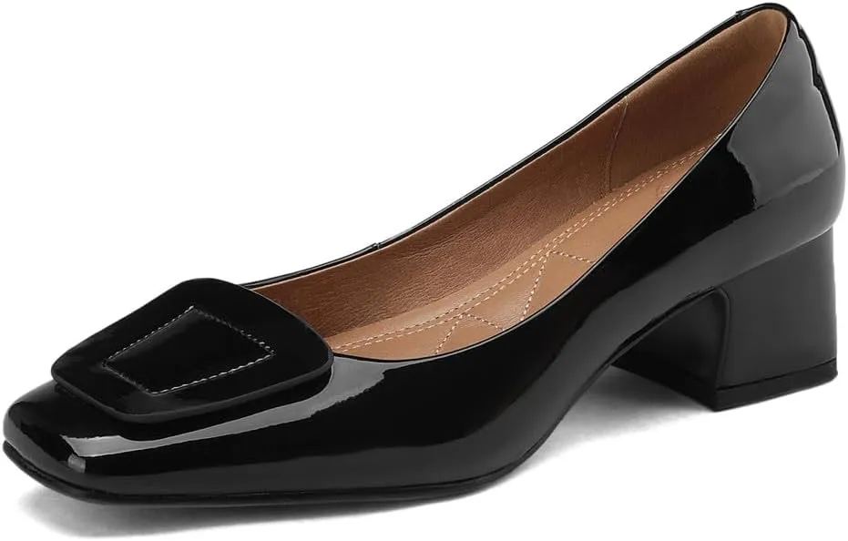 TinaCus Square Toe Glossy Patent Leather Handmade Low Chunky Heels Women's Casual Loafers Shoes