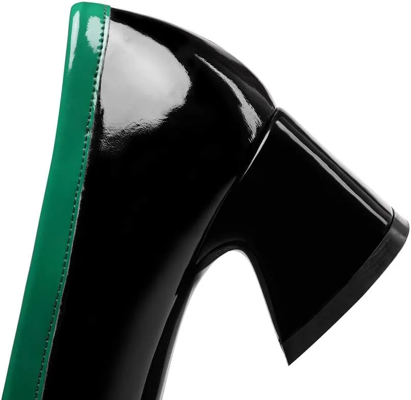 TinaCus Women's Patent Leather Square Toe Handmade Assorted Color Chunky Heel Trendy Loafers with Chain