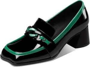 TinaCus Women's Patent Leather Square Toe Handmade Assorted Color Chunky Heel Trendy Loafers with Chain