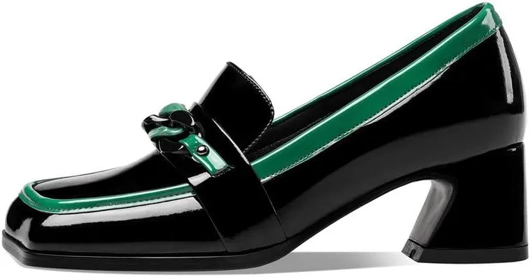 TinaCus Women's Patent Leather Square Toe Handmade Assorted Color Chunky Heel Trendy Loafers with Chain