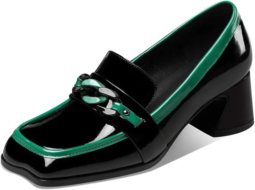 TinaCus Women's Patent Leather Square Toe Handmade Assorted Color Chunky Heel Trendy Loafers with Chain