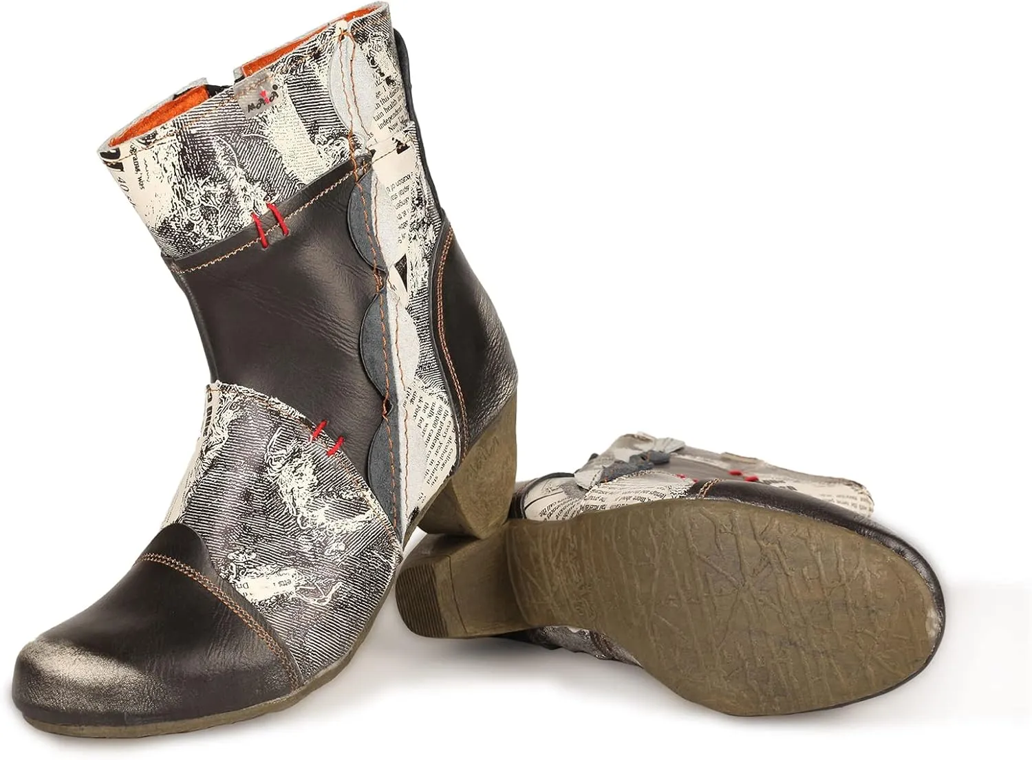TMA EYES Newsprint Patchwork Leather Women's Heel Boots
