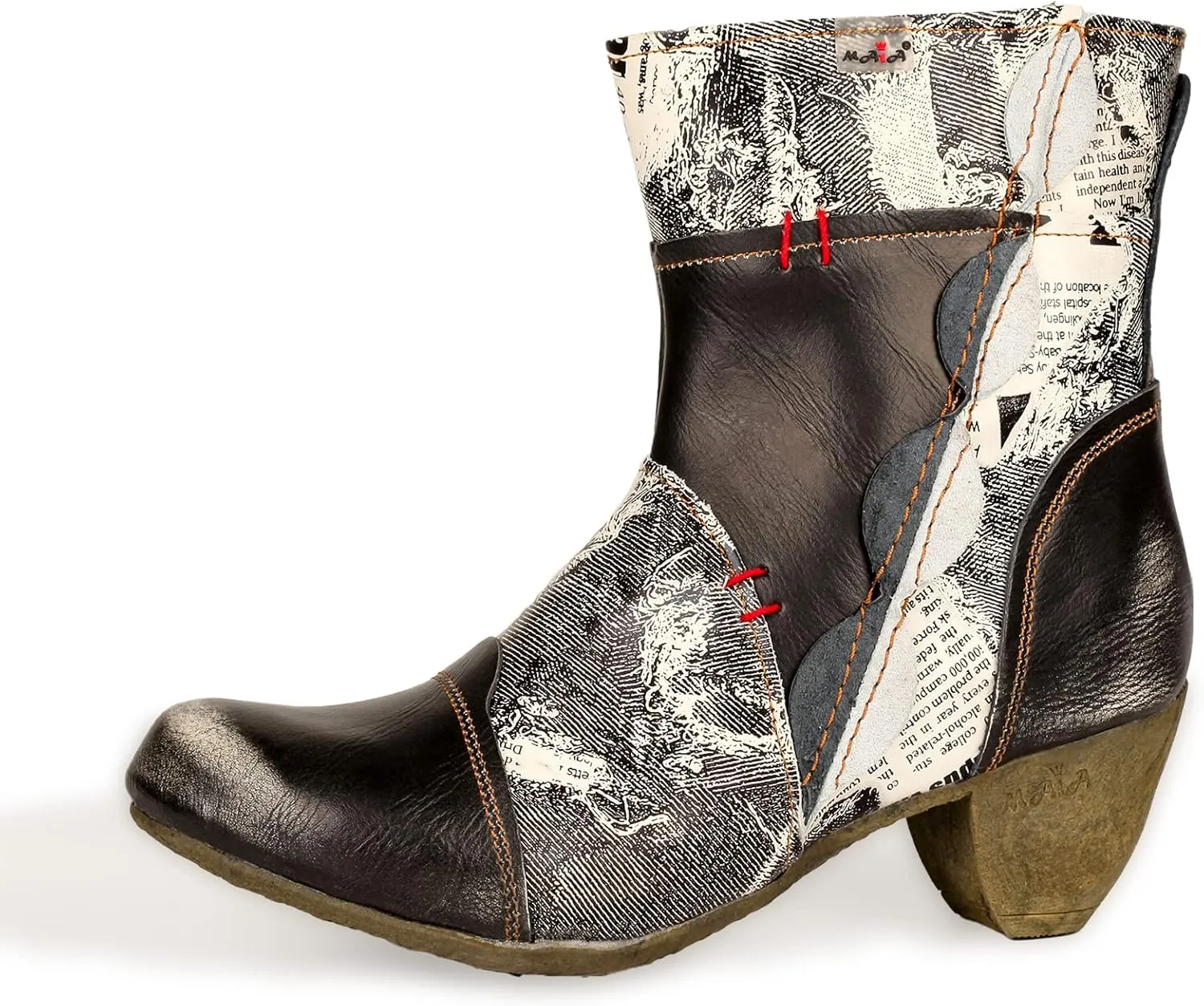 TMA EYES Newsprint Patchwork Leather Women's Heel Boots