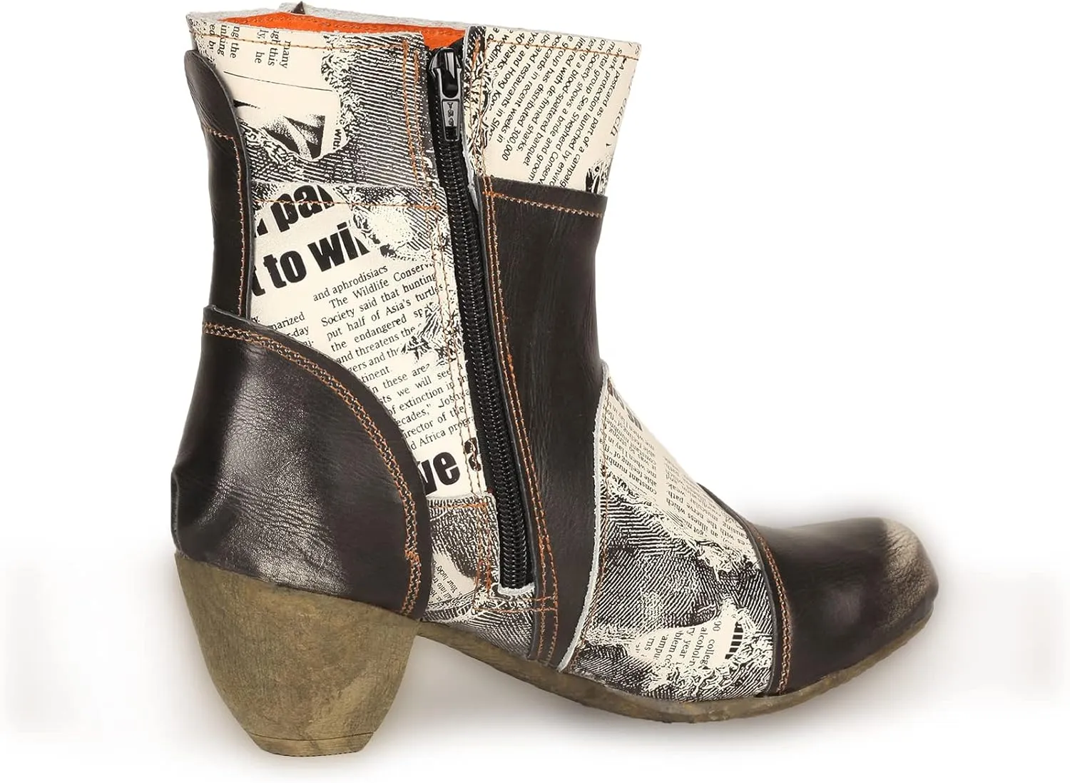 TMA EYES Newsprint Patchwork Leather Women's Heel Boots
