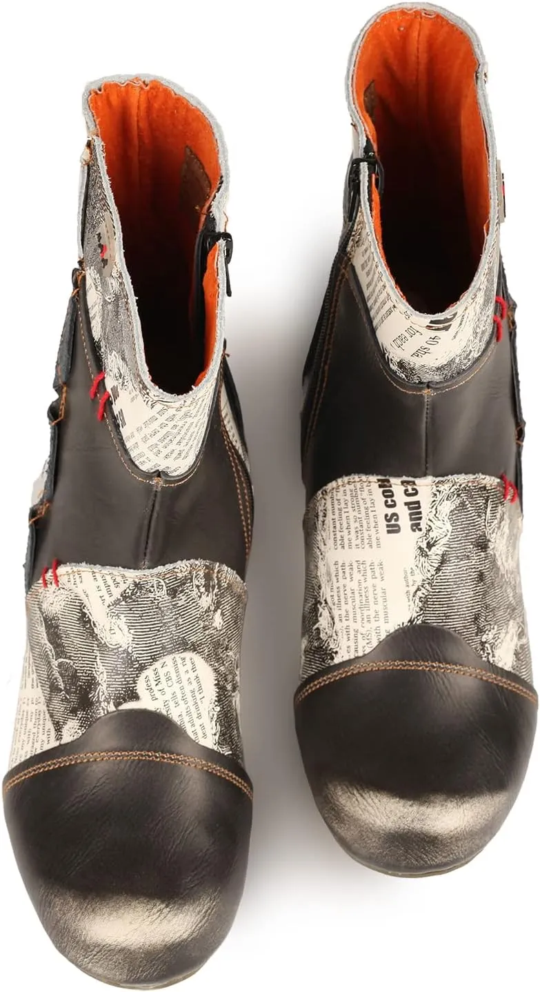 TMA EYES Newsprint Patchwork Leather Women's Heel Boots