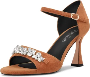 TNYNFBEB Women Chunky Block Mid Heel Peep Open Toe Sandals Ankle Strap Buckle Rhinestone Crystal Party Cute 3.3 Inches Heels