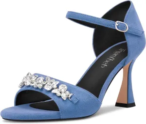 TNYNFBEB Women Chunky Block Mid Heel Peep Open Toe Sandals Ankle Strap Buckle Rhinestone Crystal Party Cute 3.3 Inches Heels