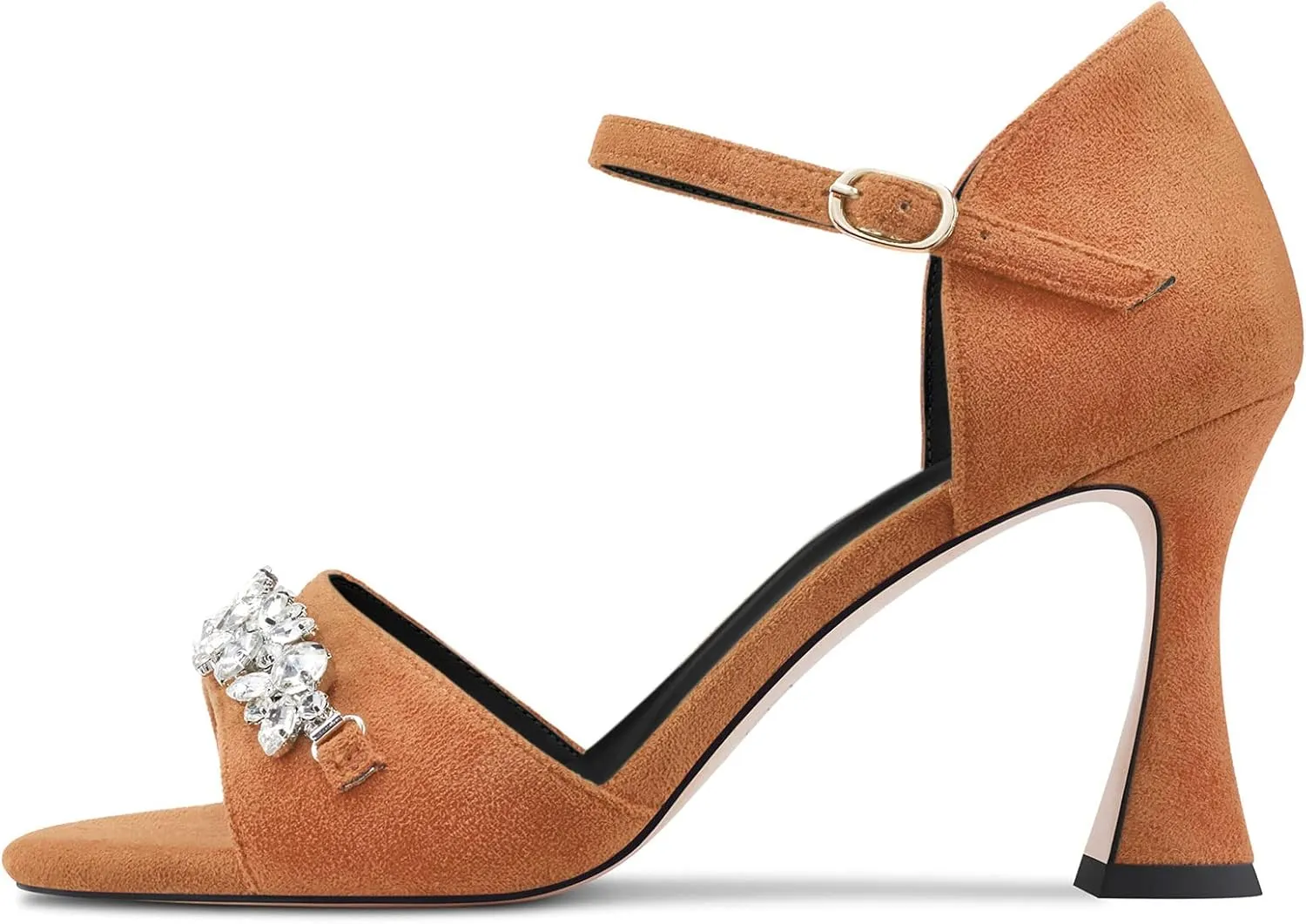 TNYNFBEB Women Chunky Block Mid Heel Peep Open Toe Sandals Ankle Strap Buckle Rhinestone Crystal Party Cute 3.3 Inches Heels