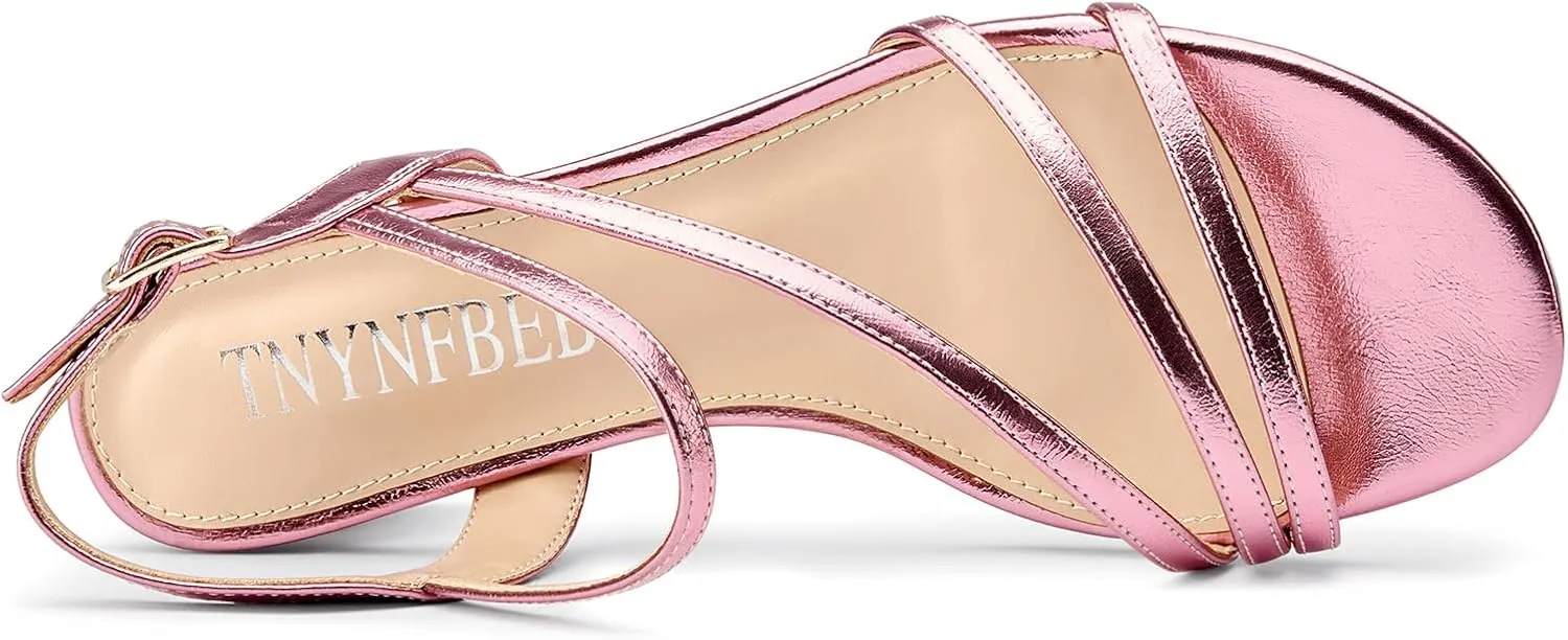 TNYNFBEB Women Low Kitten Heel Peep Open Toe Sandals Ankle Strap Buckle Prom Party Cute Basic Classic 1.4 Inches Heels
