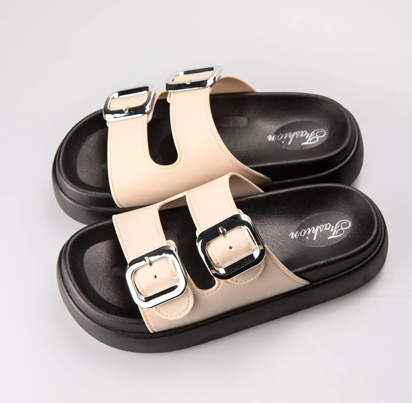 TOCONFFON Women's Fashion Slides Double Buckle Adjustable Platform Sandals Indoor Outdoor Slippers
