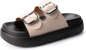 TOCONFFON Women's Fashion Slides Double Buckle Adjustable Platform Sandals Indoor Outdoor Slippers