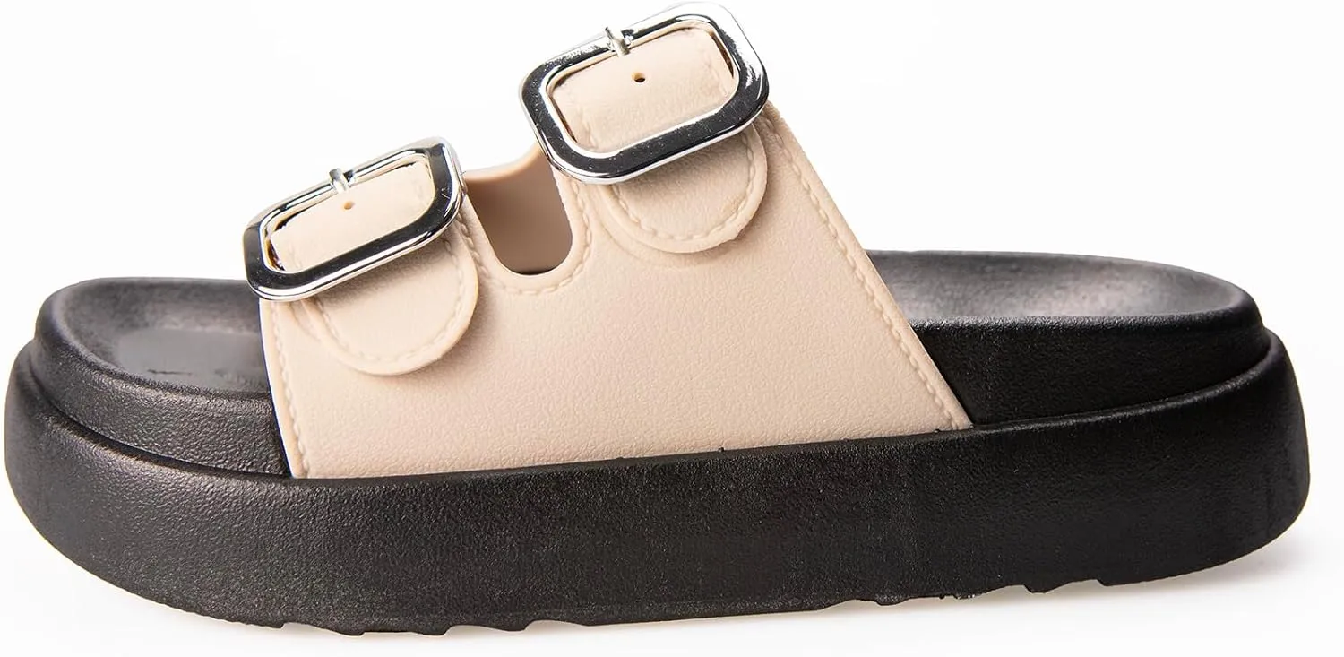 TOCONFFON Women's Fashion Slides Double Buckle Adjustable Platform Sandals Indoor Outdoor Slippers