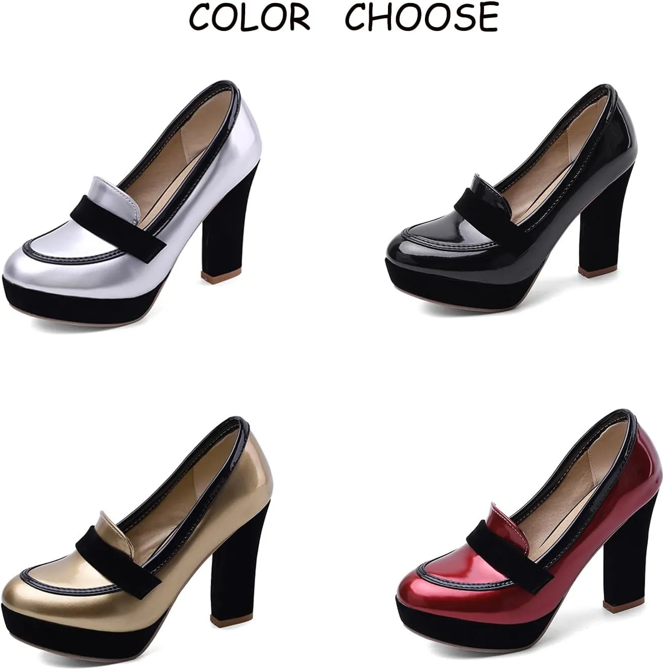 Tokouk Women's Patent Leather Chunky High Heel Pumps Slip On High Heels Platform Comfort Business Dress Work Loafers Elegant Wedding Dress Pumps Shoes