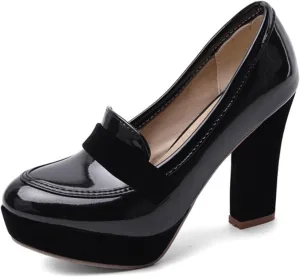 Tokouk Women's Patent Leather Chunky High Heel Pumps Slip On High Heels Platform Comfort Business Dress Work Loafers Elegant Wedding Dress Pumps Shoes