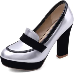 Tokouk Women's Patent Leather Chunky High Heel Pumps Slip On High Heels Platform Comfort Business Dress Work Loafers Elegant Wedding Dress Pumps Shoes