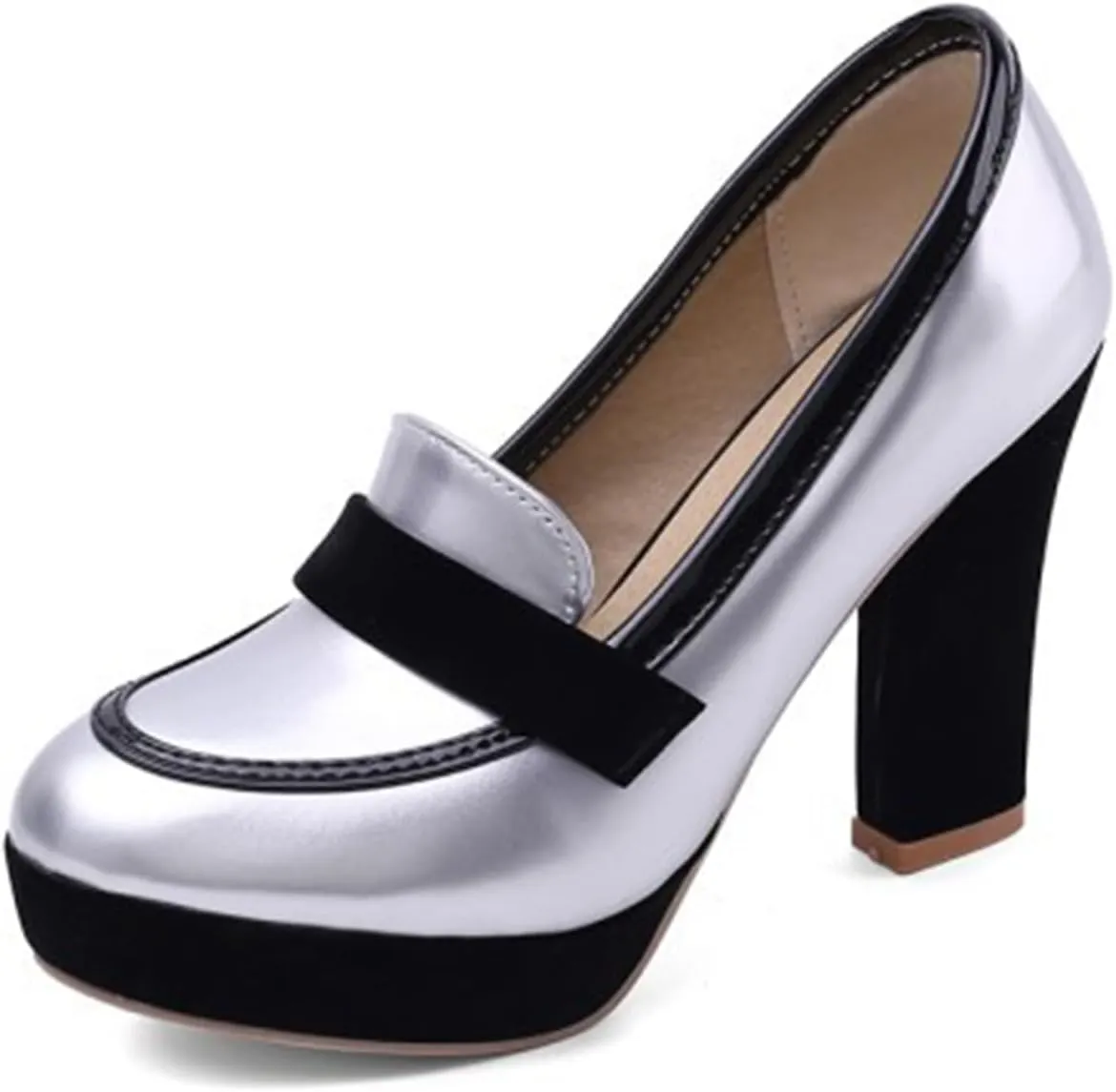 Tokouk Women's Patent Leather Chunky High Heel Pumps Slip On High Heels Platform Comfort Business Dress Work Loafers Elegant Wedding Dress Pumps Shoes