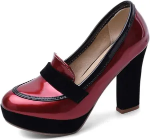 Tokouk Women's Patent Leather Chunky High Heel Pumps Slip On High Heels Platform Comfort Business Dress Work Loafers Elegant Wedding Dress Pumps Shoes