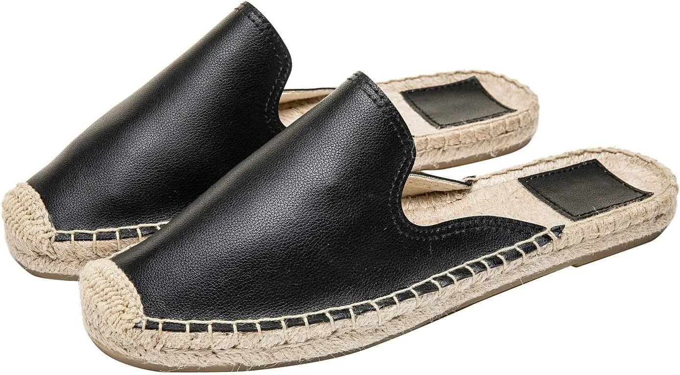 U-lite Women's Spring Summer Leather Classic Simple Mule Shoes Espadrilles Slides