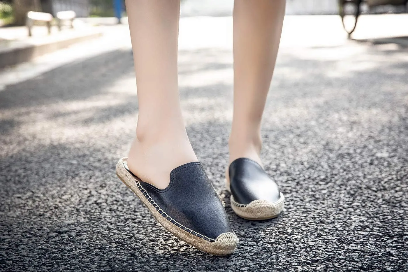 U-lite Women's Spring Summer Leather Classic Simple Mule Shoes Espadrilles Slides