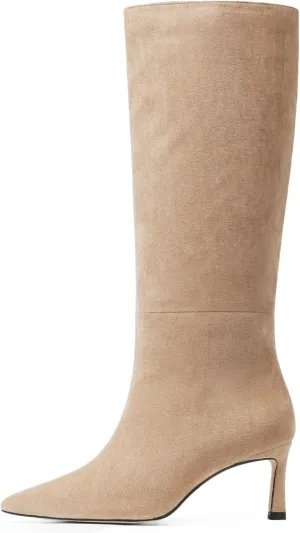 Uacllcau Knee High Boots for Women Pointed Toe Kitten Heel Tall Boots Womens Fashion Slip On Wide Calf Boots Heel Dress Stiletto Long Boots