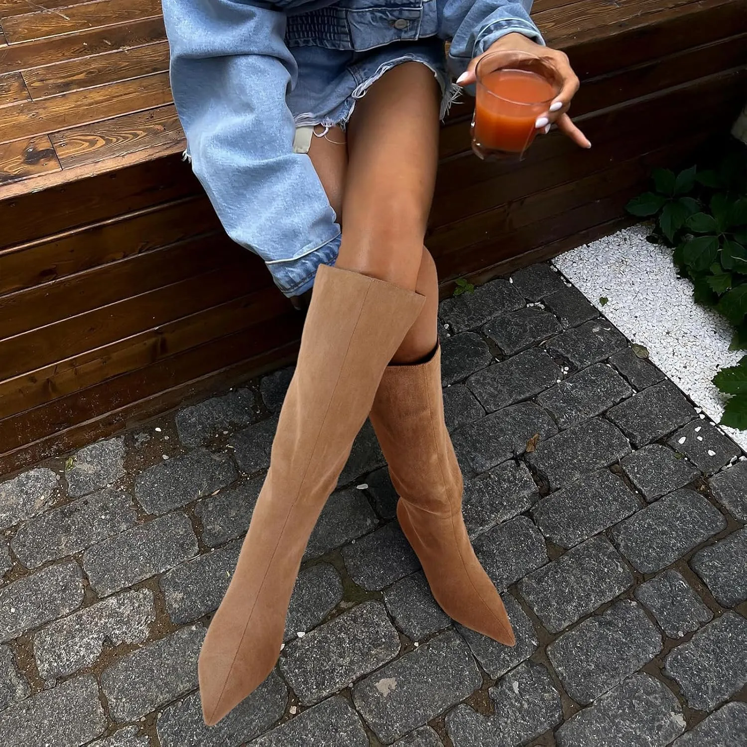 Uacllcau Knee High Boots for Women Pointed Toe Kitten Heel Tall Boots Womens Fashion Slip On Wide Calf Boots Heel Dress Stiletto Long Boots