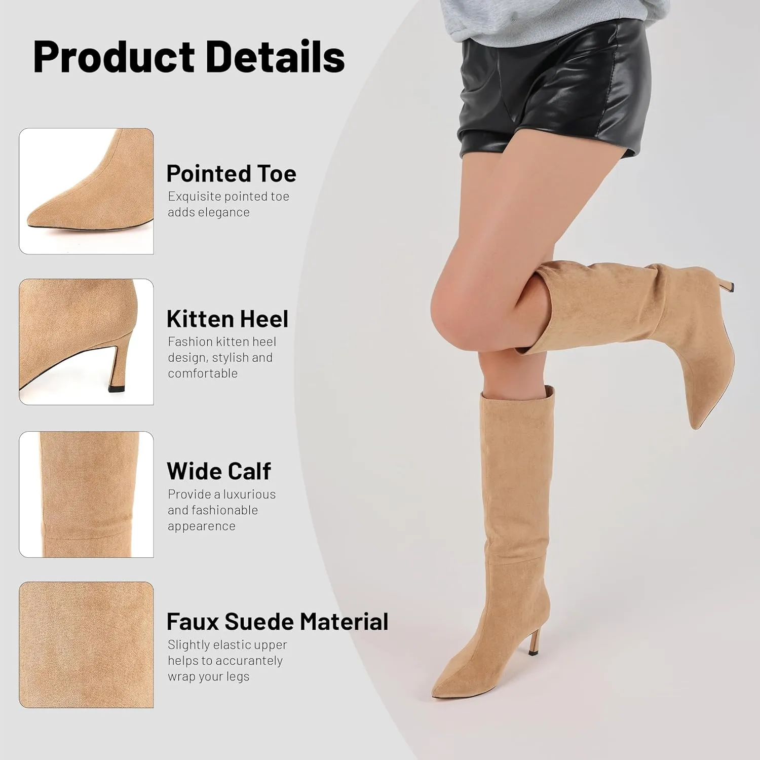 Uacllcau Knee High Boots for Women Pointed Toe Kitten Heel Tall Boots Womens Fashion Slip On Wide Calf Boots Heel Dress Stiletto Long Boots