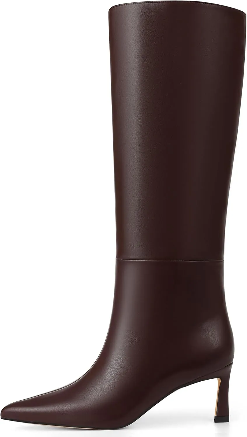 Uacllcau Knee High Boots for Women Pointed Toe Kitten Heel Tall Boots Womens Fashion Slip On Wide Calf Boots Heel Dress Stiletto Long Boots