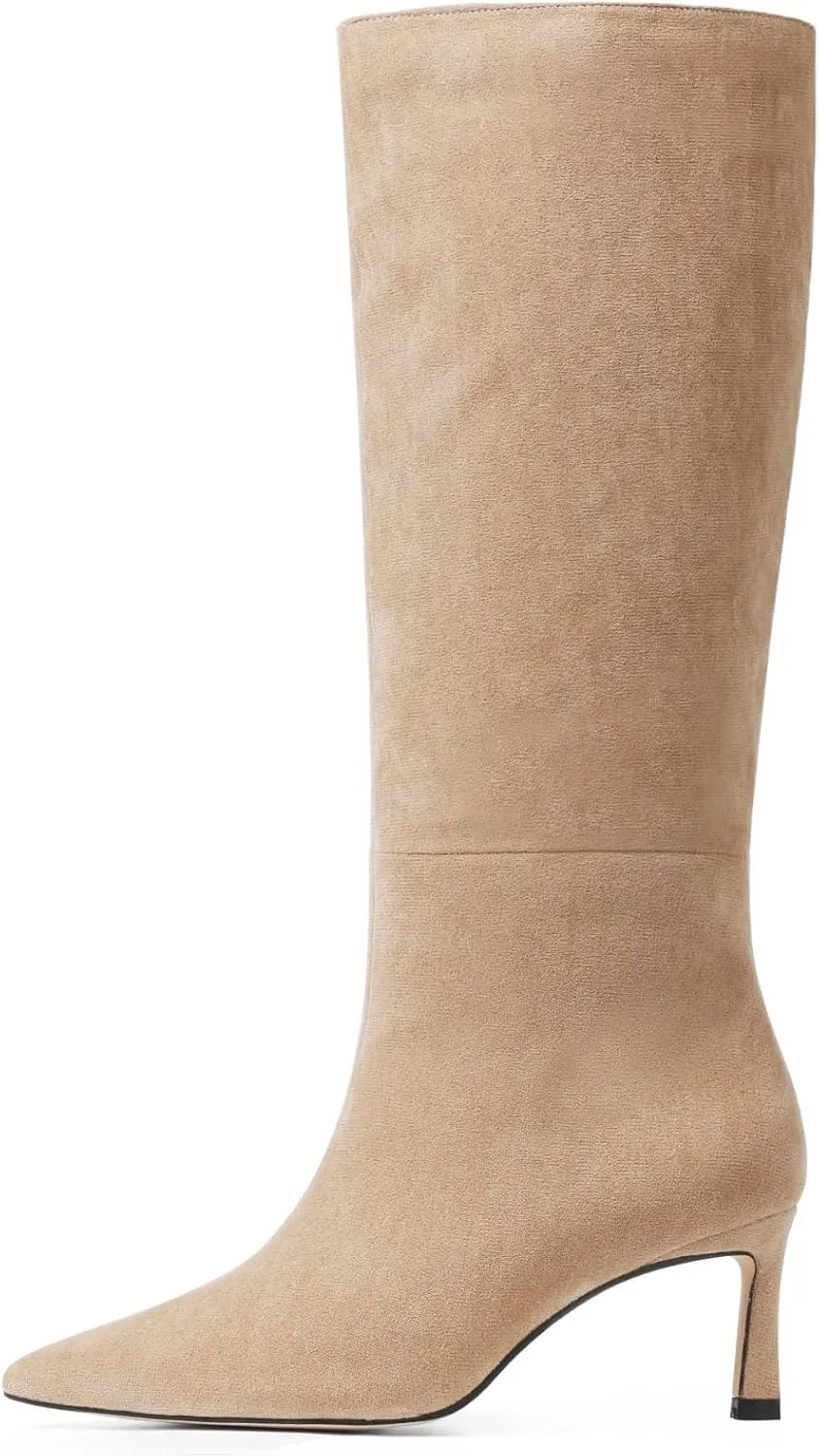 Uacllcau Knee High Boots for Women Pointed Toe Kitten Heel Tall Boots Womens Fashion Slip On Wide Calf Boots Heel Dress Stiletto Long Boots