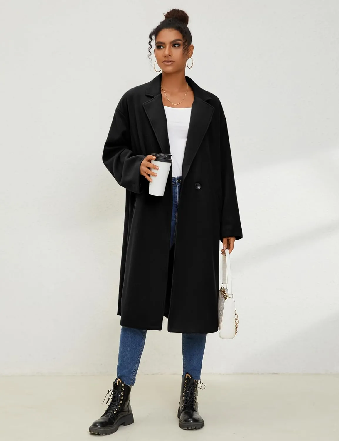 UANEO Women's Wool Blend Coat Oversized Double Breasted Long Trench Overcoat Winter