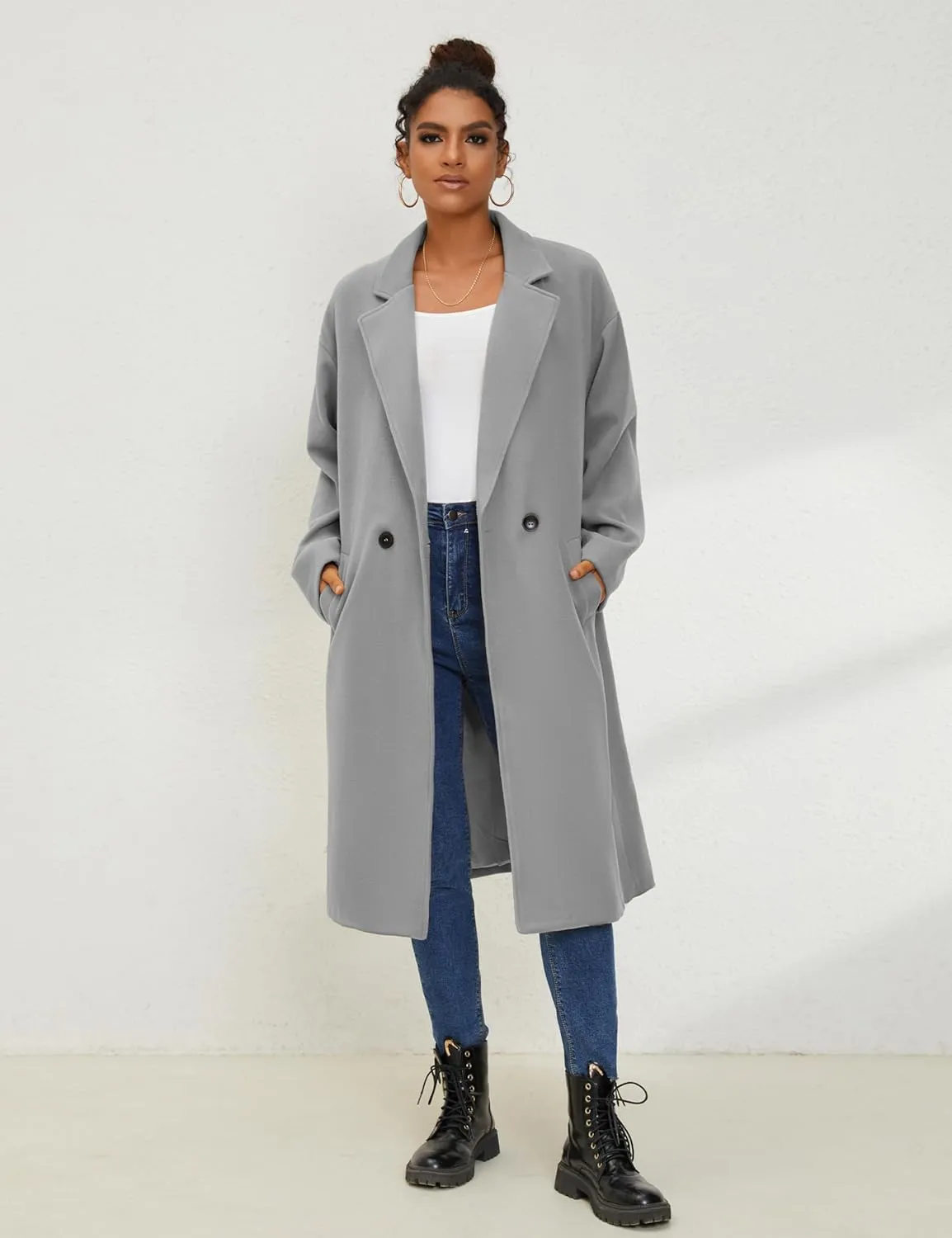 UANEO Women's Wool Blend Coat Oversized Double Breasted Long Trench Overcoat Winter