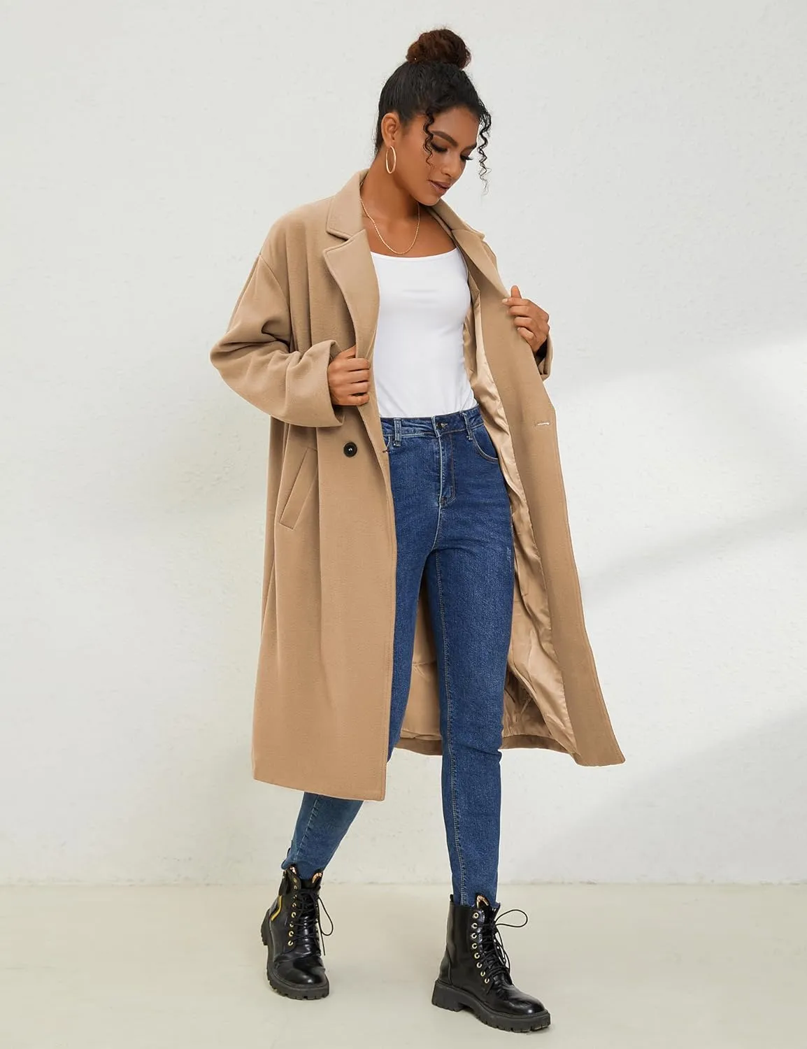 UANEO Women's Wool Blend Coat Oversized Double Breasted Long Trench Overcoat Winter