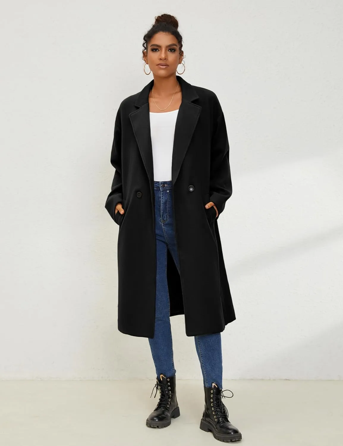 UANEO Women's Wool Blend Coat Oversized Double Breasted Long Trench Overcoat Winter