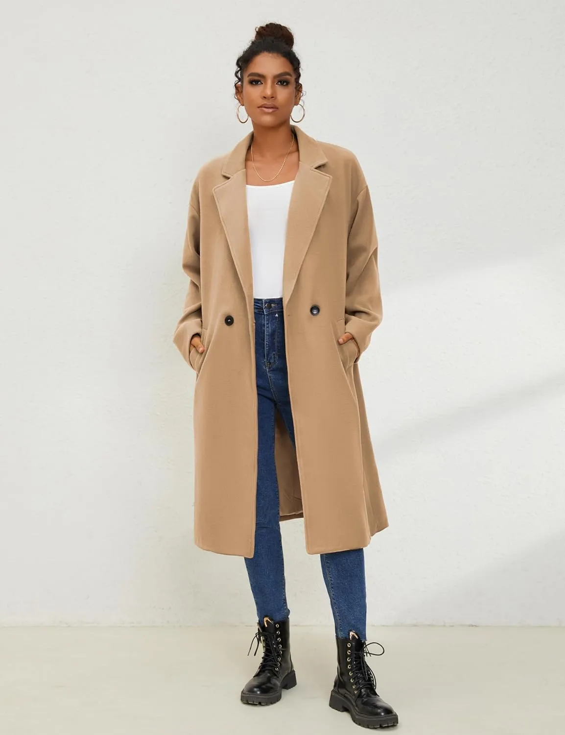 UANEO Women's Wool Blend Coat Oversized Double Breasted Long Trench Overcoat Winter