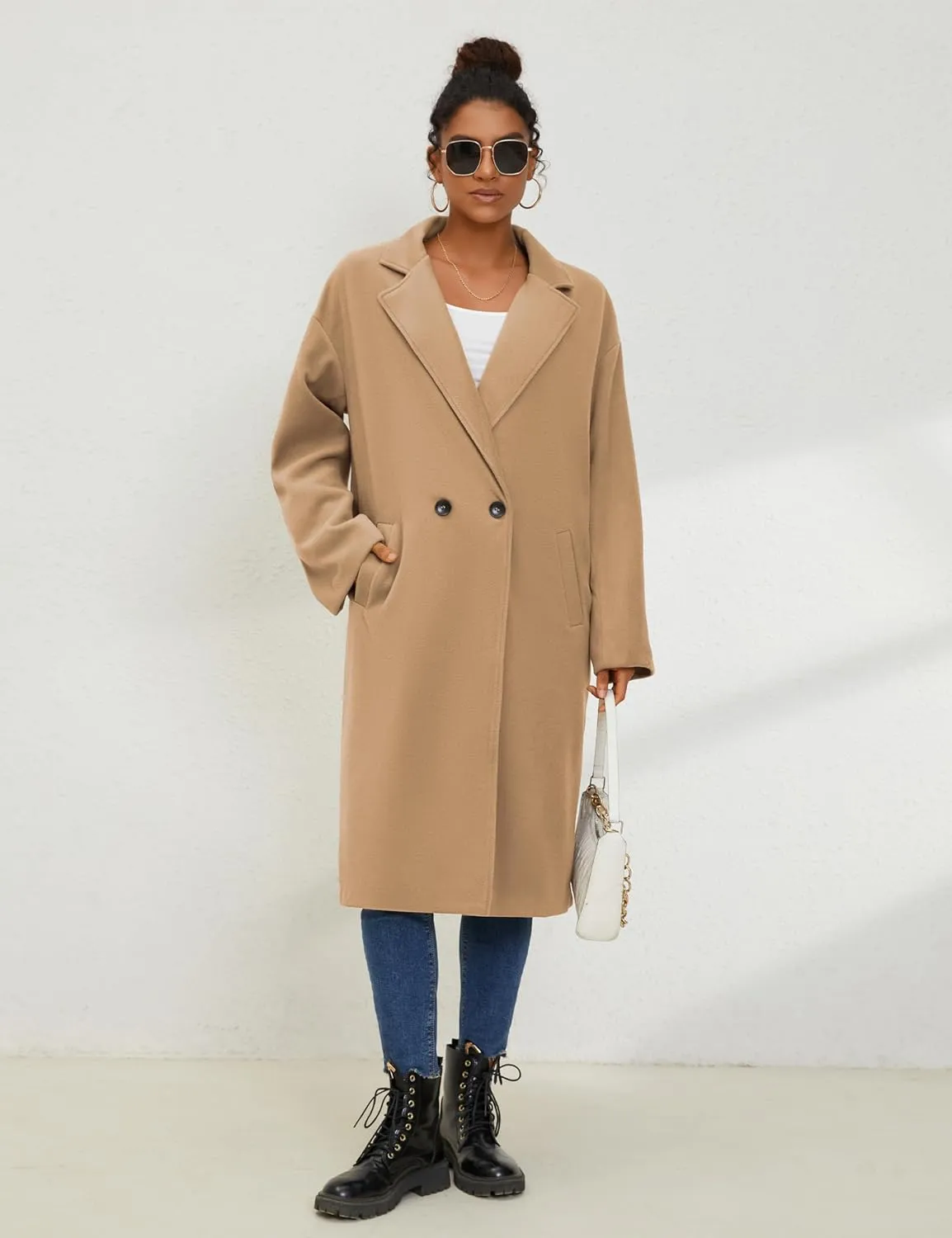 UANEO Women's Wool Blend Coat Oversized Double Breasted Long Trench Overcoat Winter