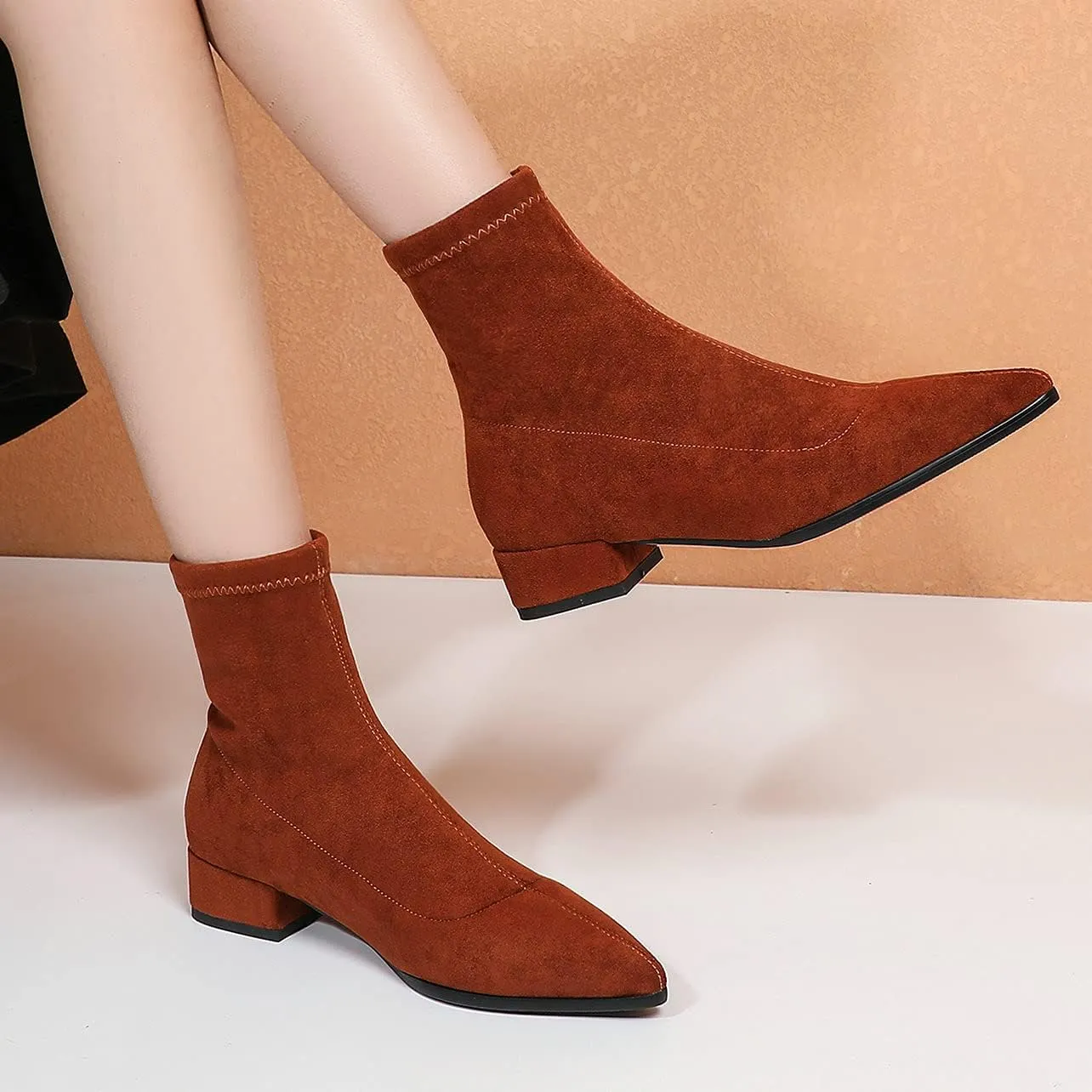 UniqueStride Suede Flat Ankle Boots for Women Pointed Toe Stretch Low Heel Slip On booties