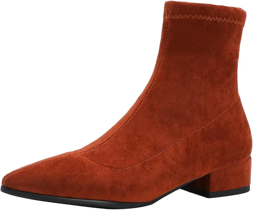 UniqueStride Suede Flat Ankle Boots for Women Pointed Toe Stretch Low Heel Slip On booties