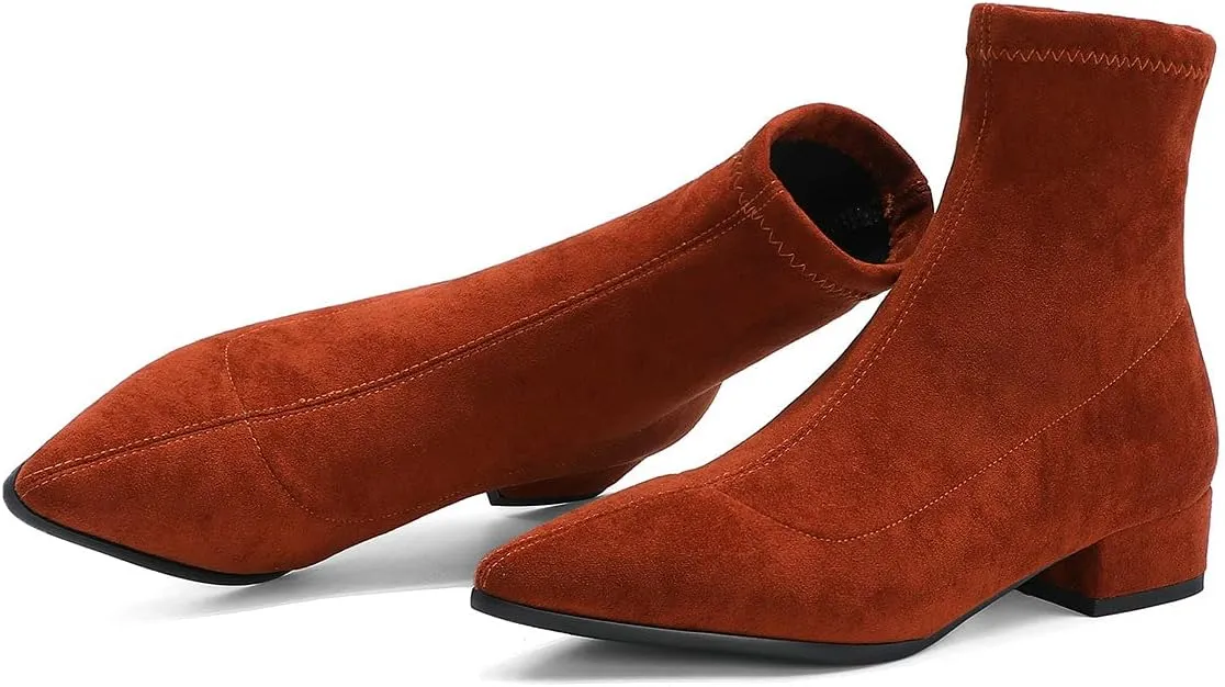 UniqueStride Suede Flat Ankle Boots for Women Pointed Toe Stretch Low Heel Slip On booties