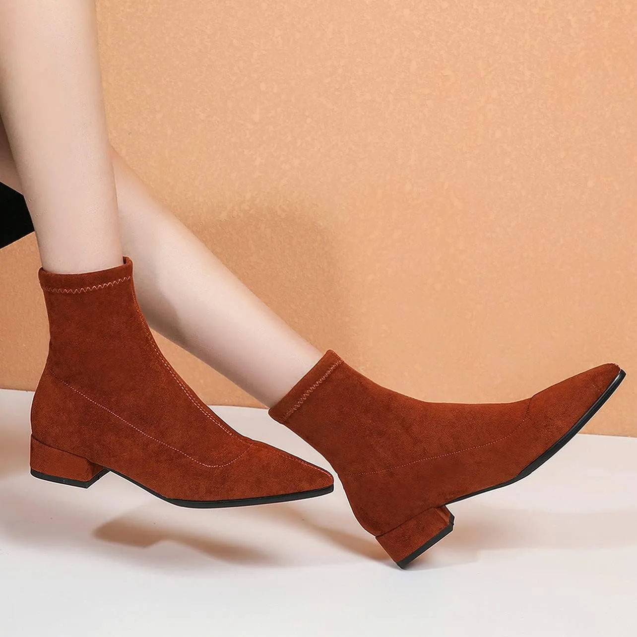 UniqueStride Suede Flat Ankle Boots for Women Pointed Toe Stretch Low Heel Slip On booties